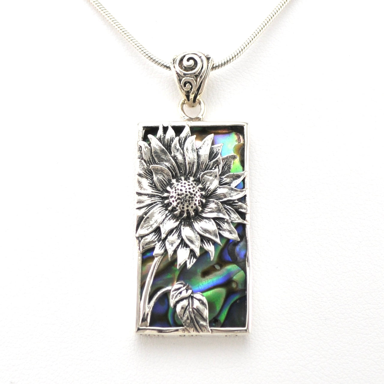 Front View Silver Abalone Sunflower Pendant