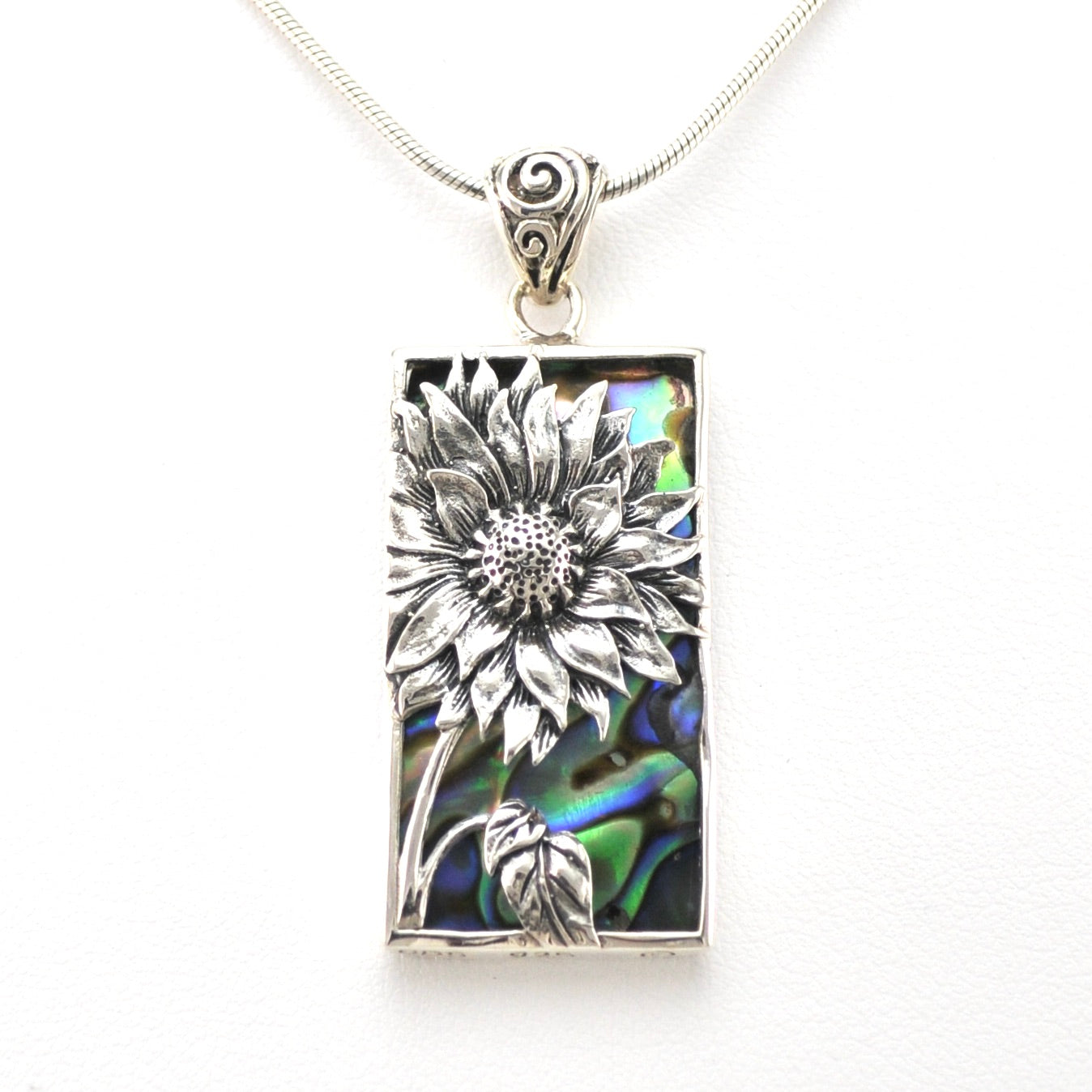 Front View Silver Abalone Sunflower Pendant