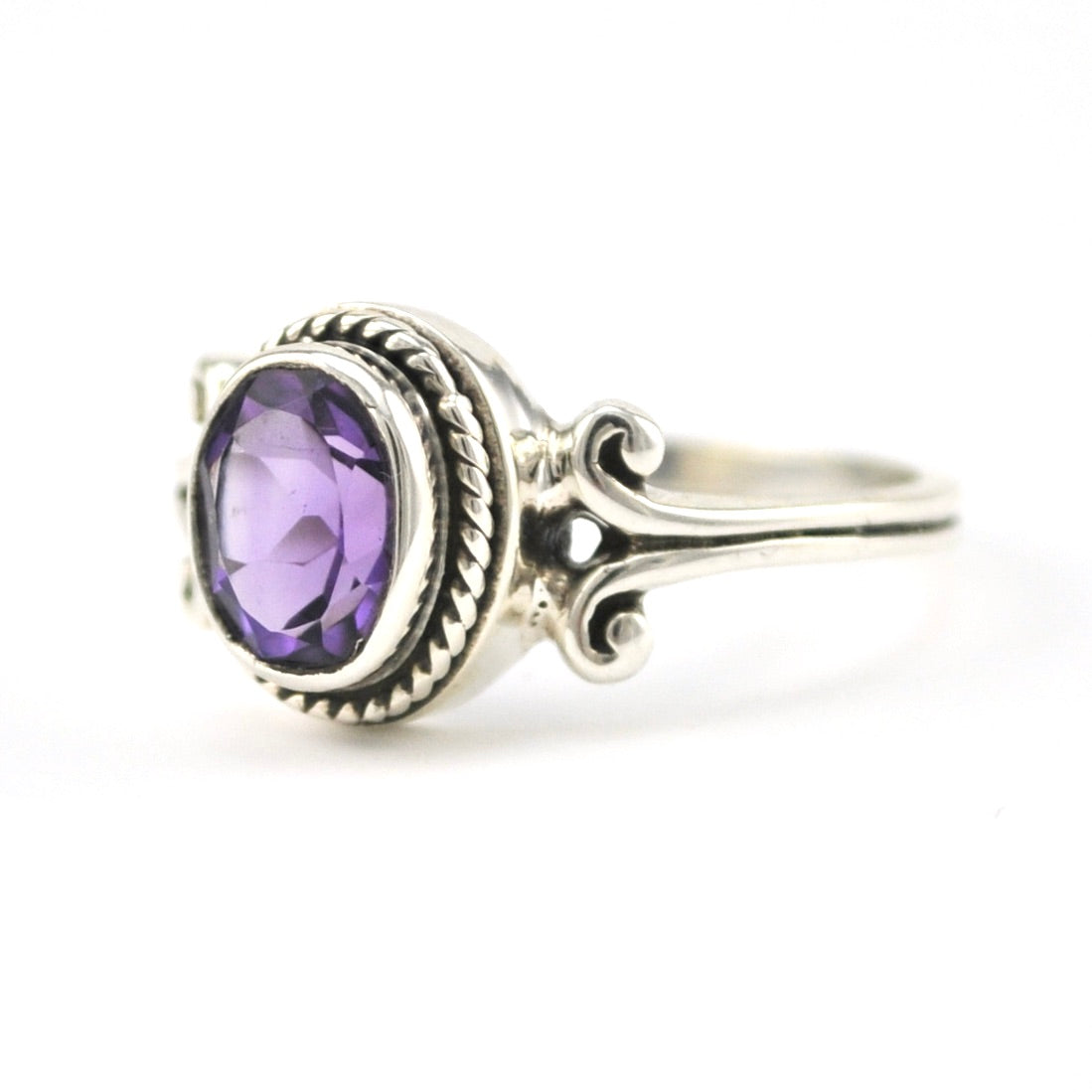 Silver Amethyst 6x8mm Oval Scroll Ring