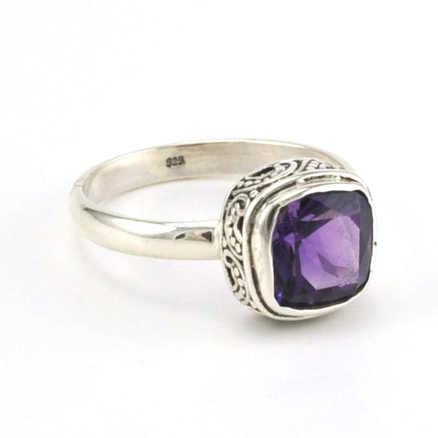 Side View Sterling Silver Amethyst 8mm Square Bali Ring