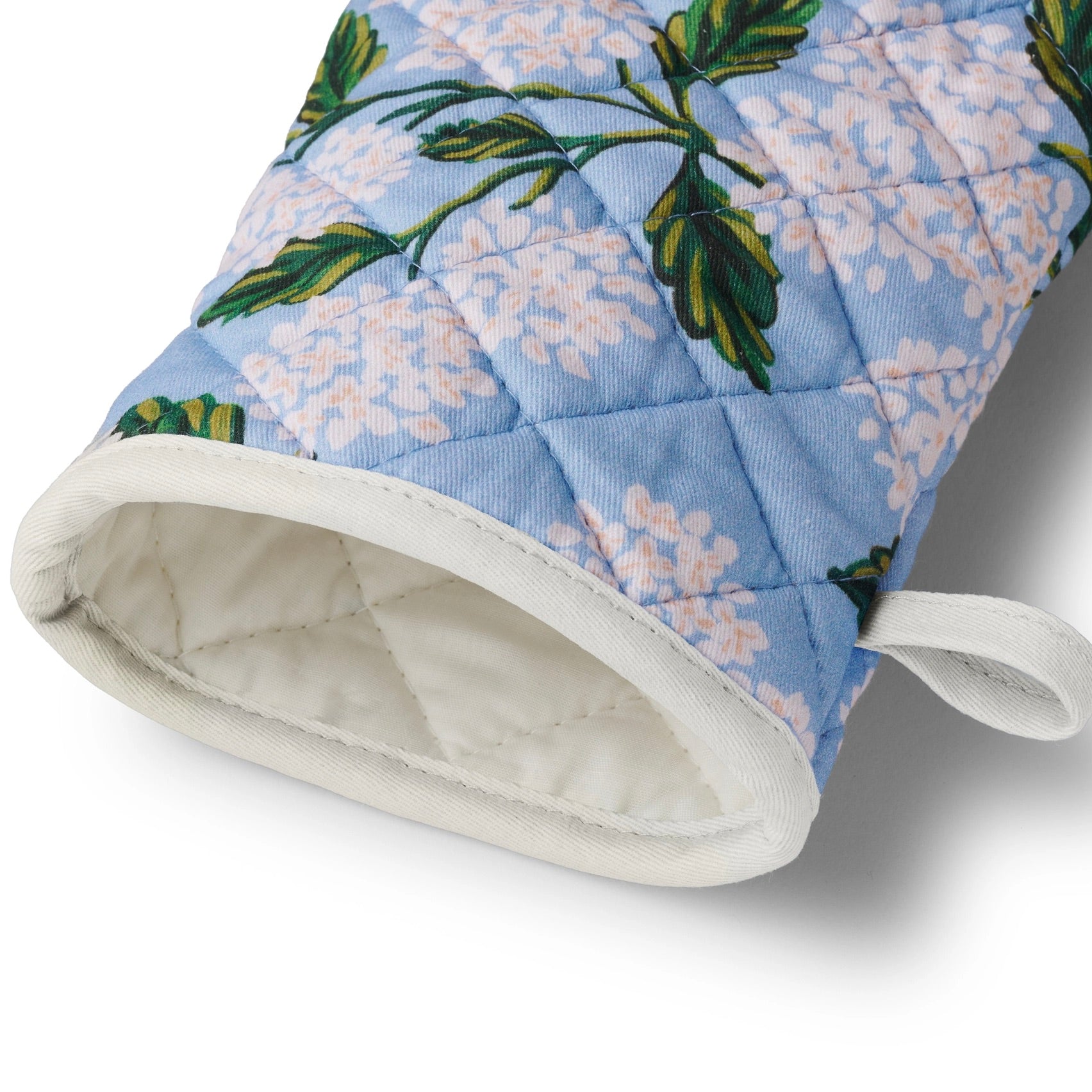 Floral patterned oven mitt on a white background