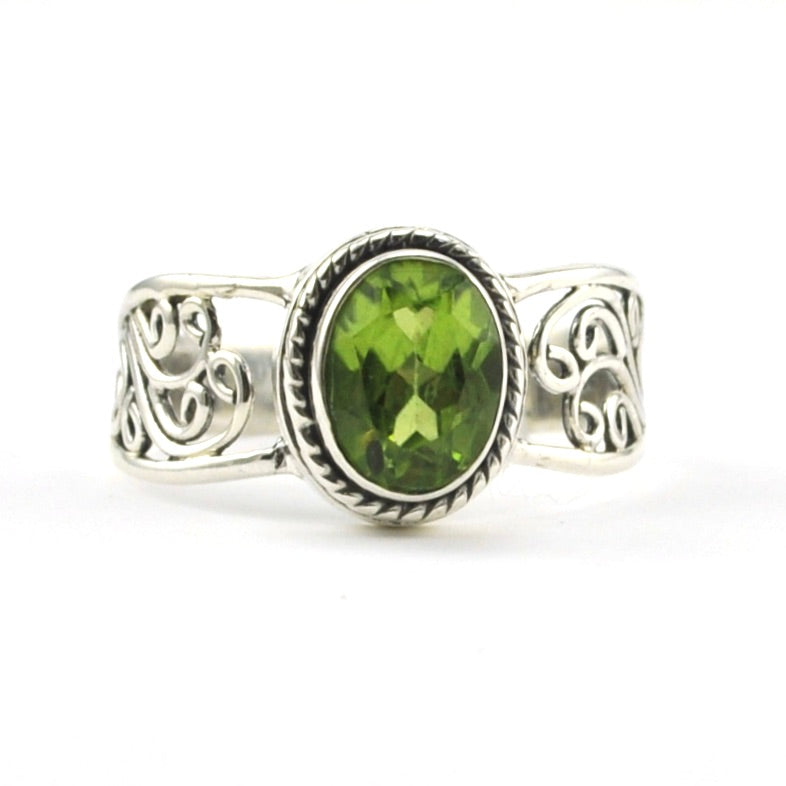 Front View Sterling Silver Peridot 6x8mm Oval Scroll Ring