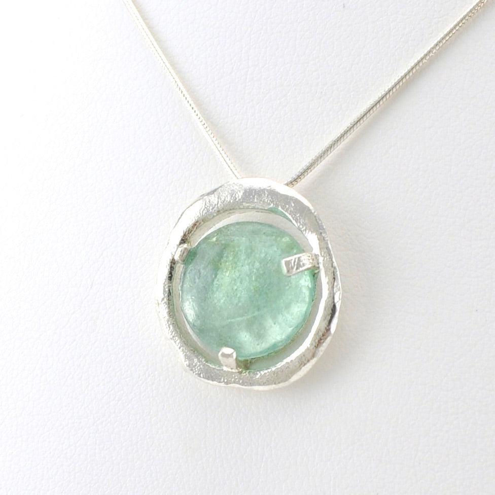 Side View Sterling Silver Aqua Roman Glass Circle Necklace
