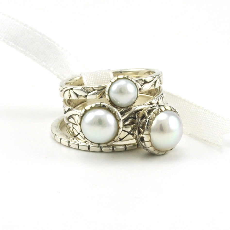 Sterling Silver Pearl 4 Ring Stack