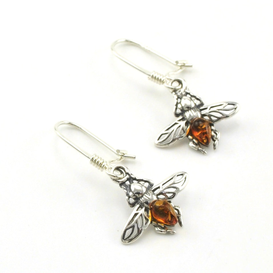 Sterling Silver Amber Bee Dangle Earrings