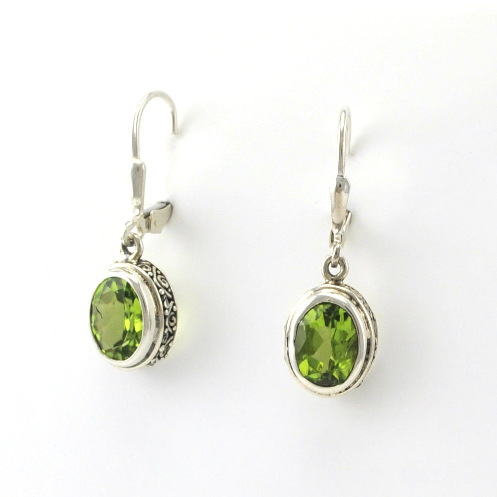 Sterling Silver Peridot 7x9mm Oval Bali Dangle Earrings