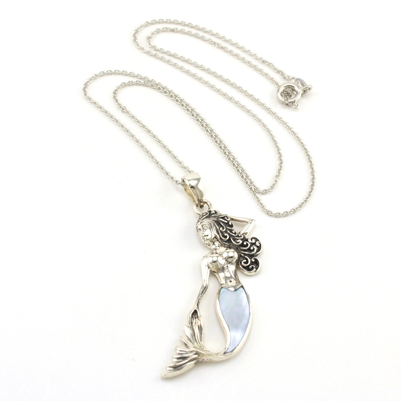 Sterling Silver Mermaid with Blue Mother of Pearl Tail Necklace