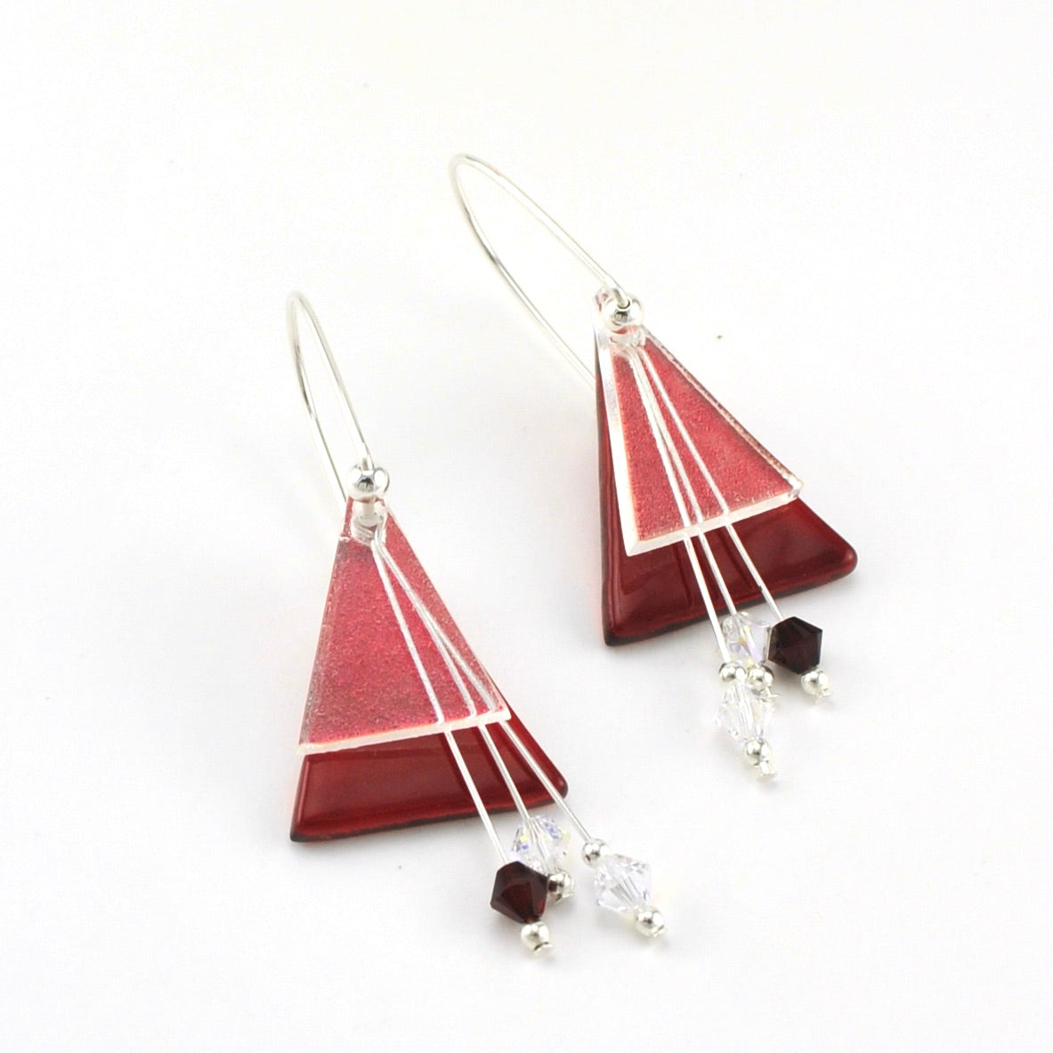 Red Fused Glass Triangular Dangle Earrings