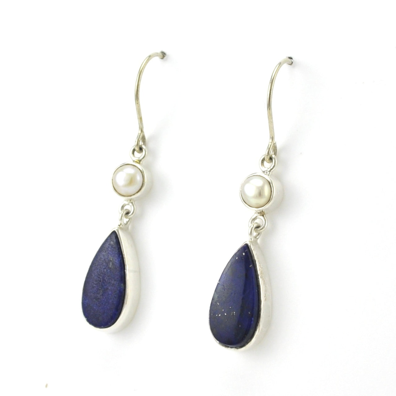 Side View Sterling Silver Pearl Lapis Dangle Earrings