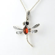 Side View Sterling Silver Amber Dragonfly Necklace