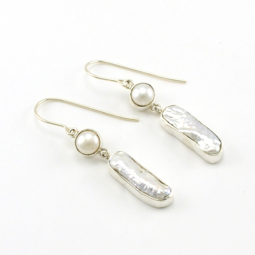 Sterling Silver Pearl and Stick Pearl Dangle Earrings