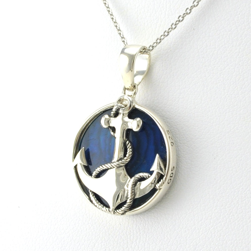 Side View Sterling Silver Blue Abalone Anchor Necklace