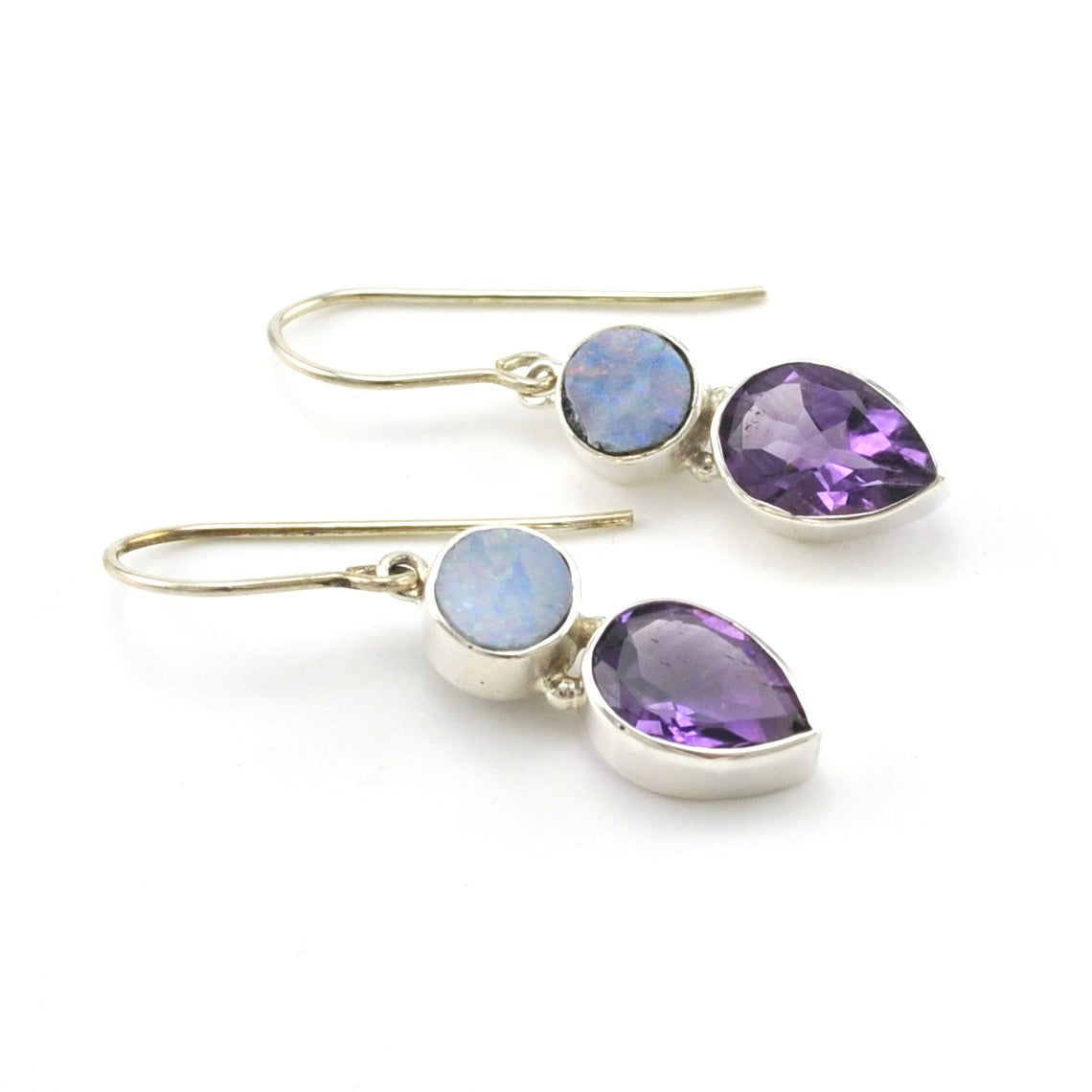 Sterling Silver Australian Opal Amethyst Tear Earrings