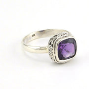 Side View Sterling Silver Amethyst 8mm Square Bali Ring
