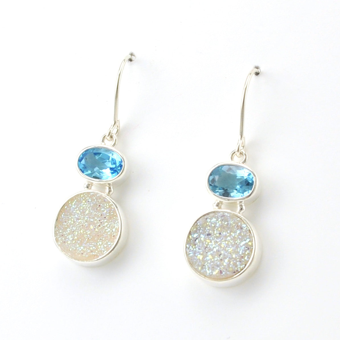 Side View Sterling Silver Blue Topaz Druzy Agate Earrings