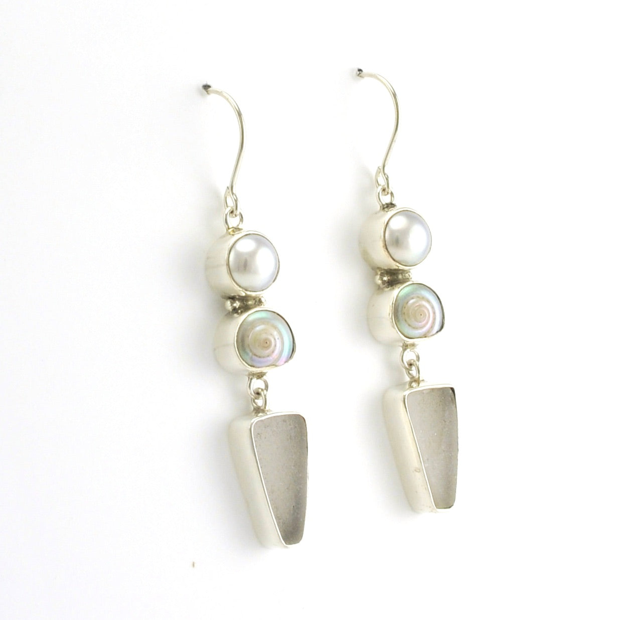 Side View Sterling Silver Pearl Malabar Shell Sea Glass Earrings