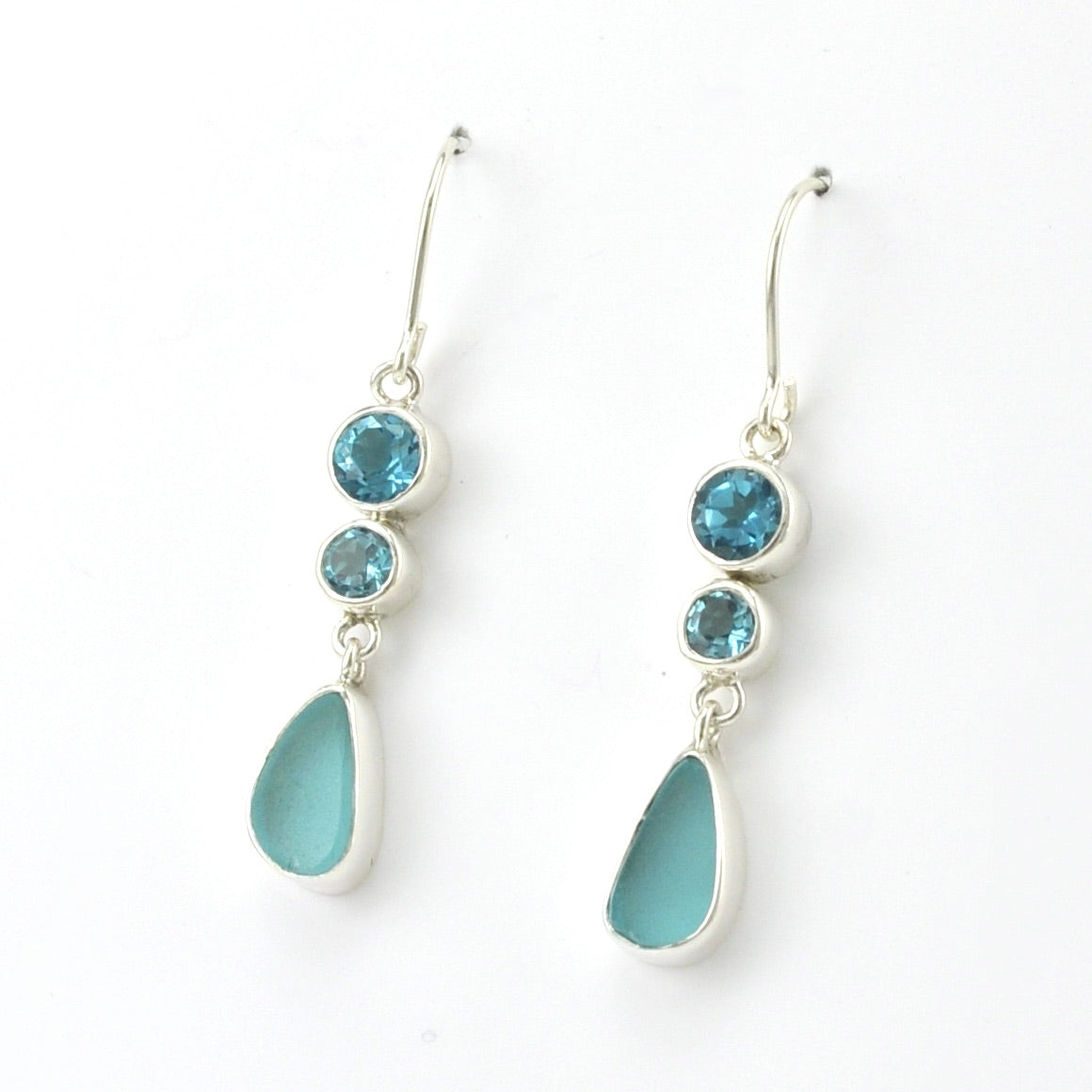 Side View Sterling Silver Blue Topaz Aqua Sea Glass Earrings