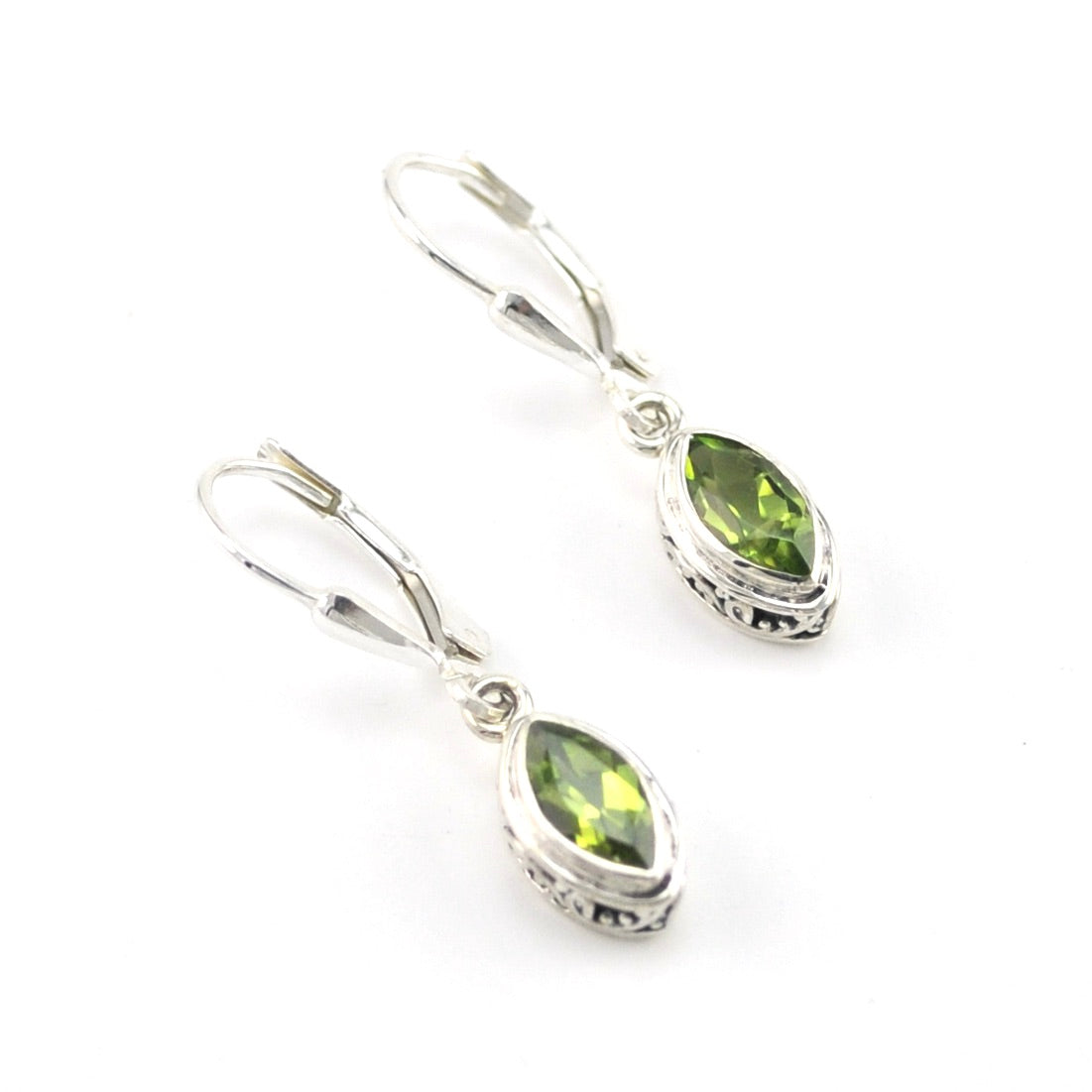 Silver Peridot 4x8mm Marquise Bali Dangle Earrings