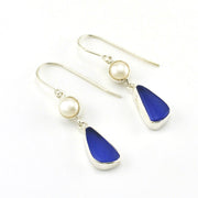 Sterling Silver Pearl Blue Sea Glass Earrings