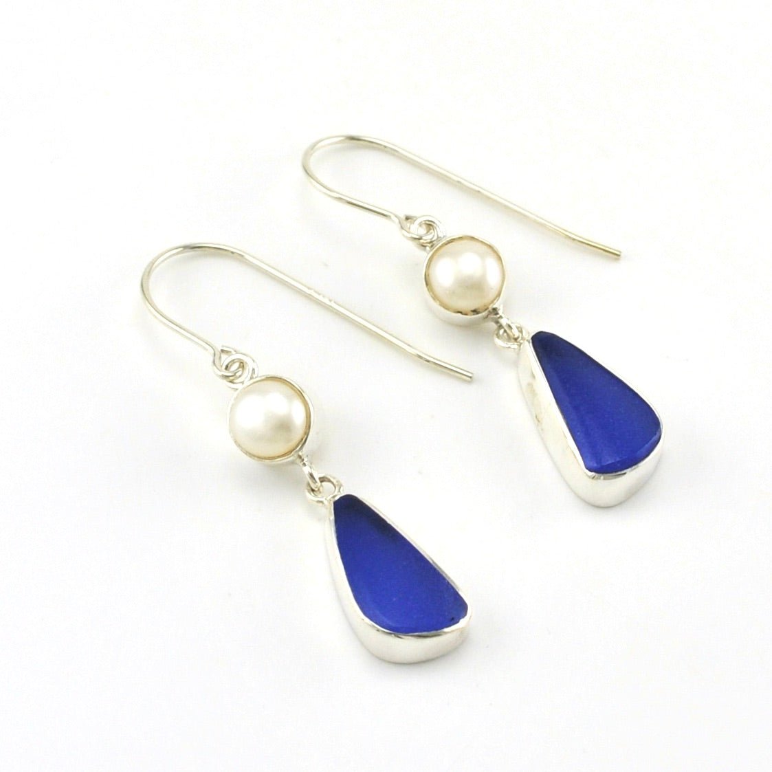 Sterling Silver Pearl Blue Sea Glass Earrings