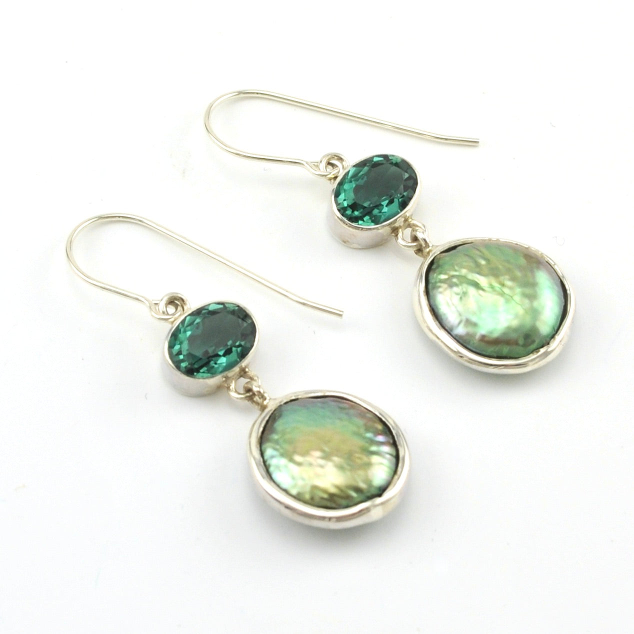 Sterling Silver Green Quartz Coin Pearl Earrings