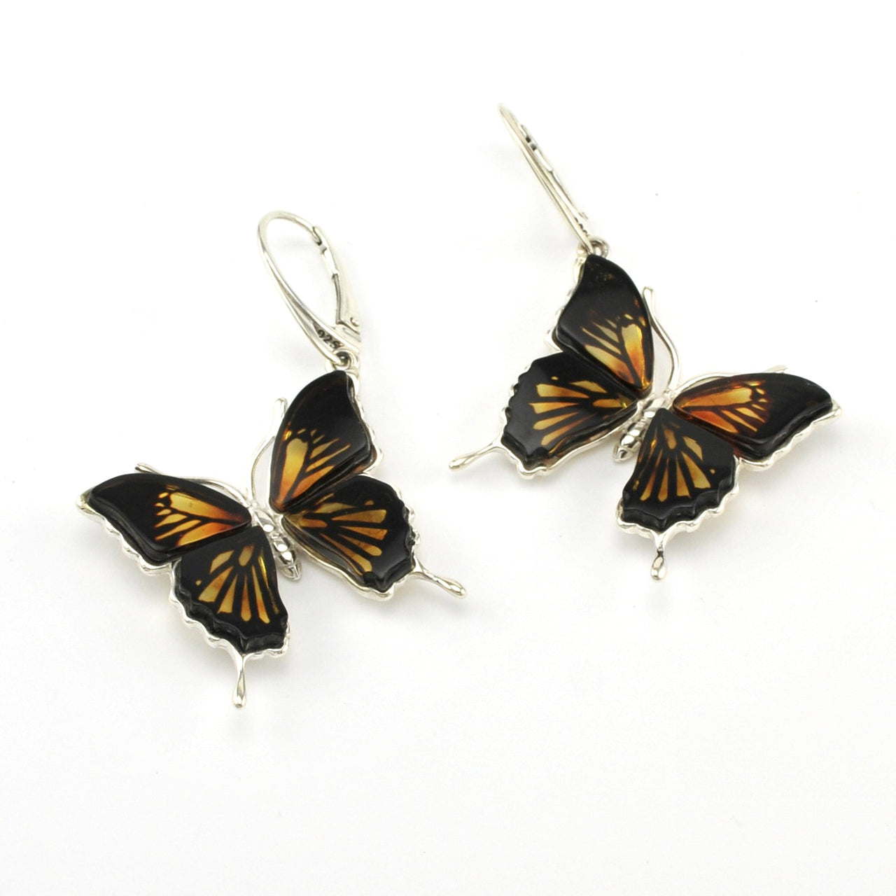 Sterling Silver Amber Intaglio Butterfly Dangle Earrings