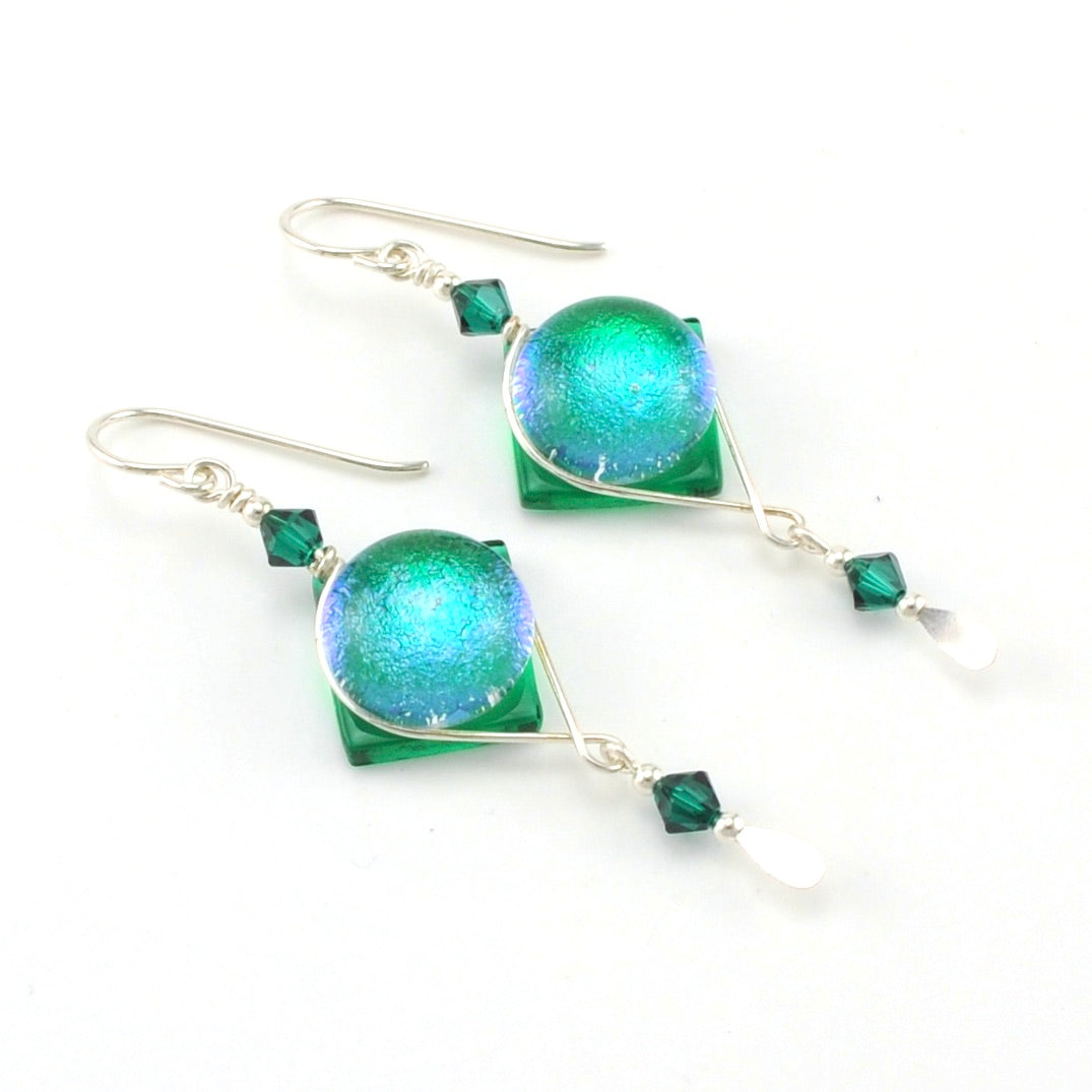 Kelly Green Fused Glass Round Square Dangle Earrings