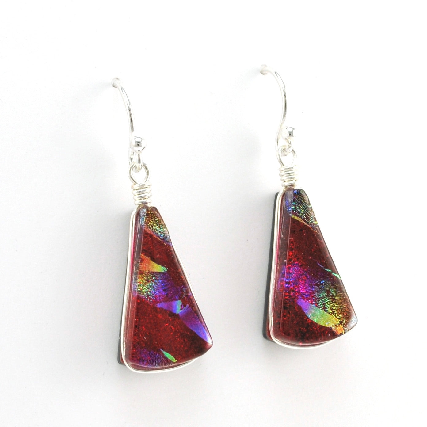 Alternate View Silver Dichroic Glass Red Rainbow Fan Dangle Earrings