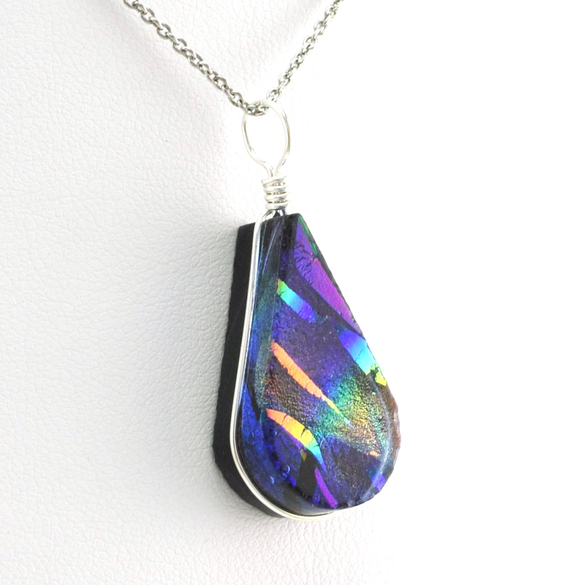 Side View Rainbow Purple Dichroic Glass Tear Pendant