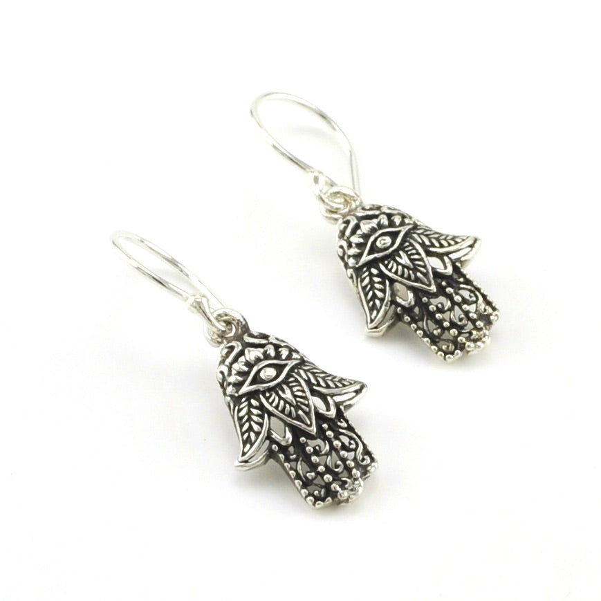 Sterling Silver Small Hamsa Dangle Earrings