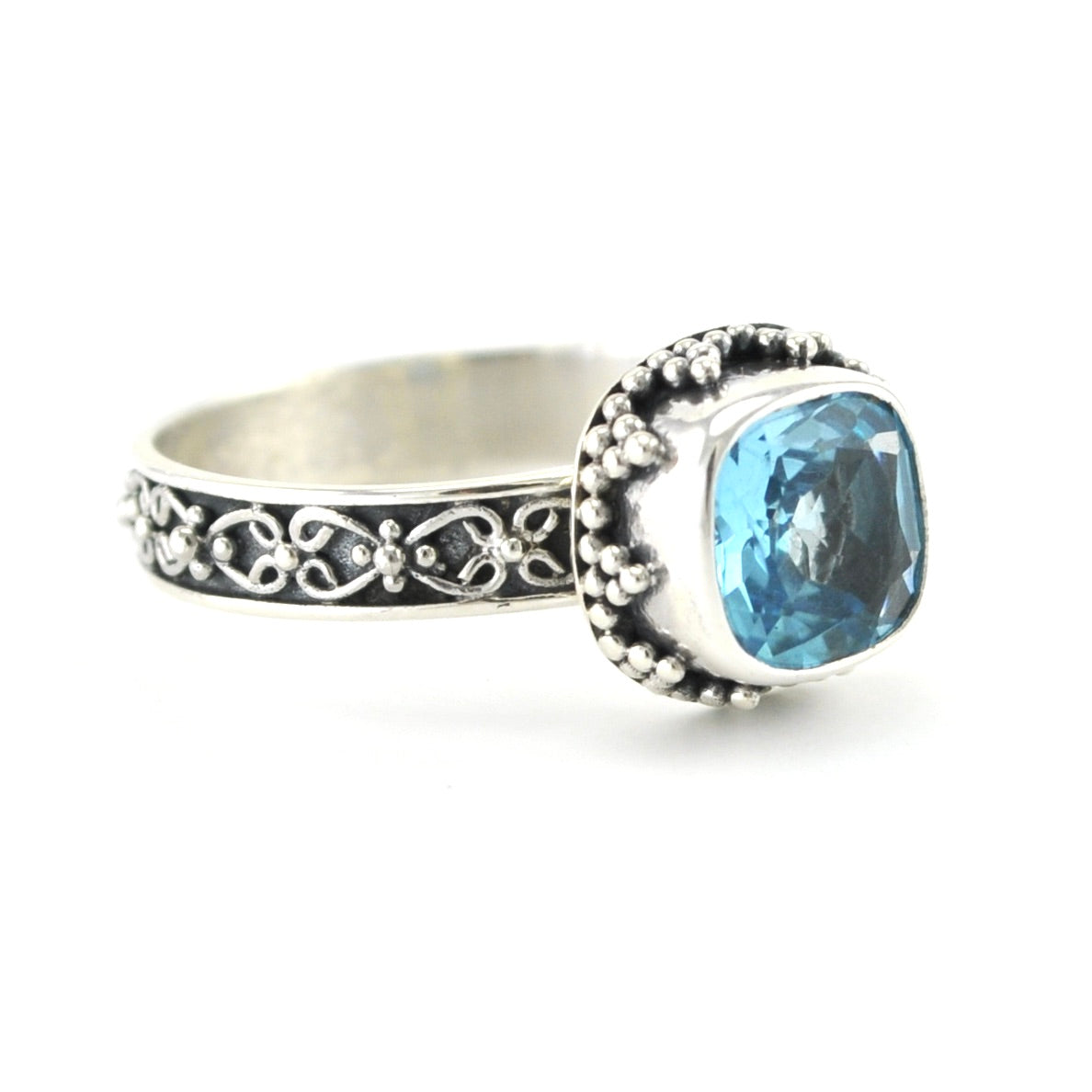 Side View Sterling Silver Blue Topaz 7mm Square Bali Ring