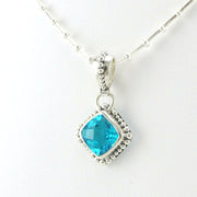 Side View Sterling Silver Paraiba Quartz 8mm Offset Square Beaded Necklace
