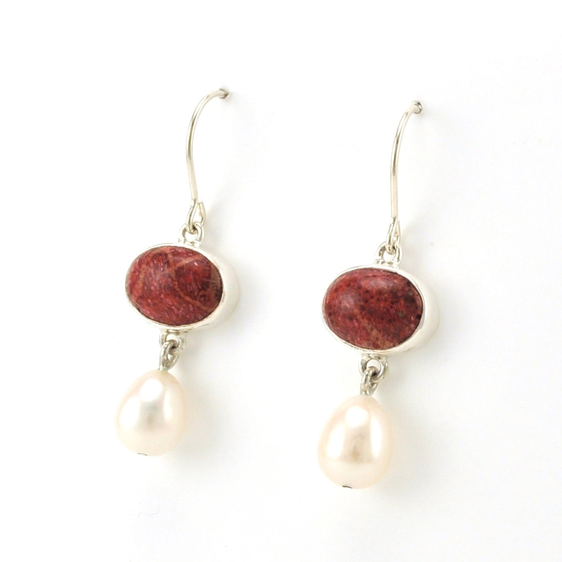 Side View Sterling Silver Red Coral Pearl Earrings