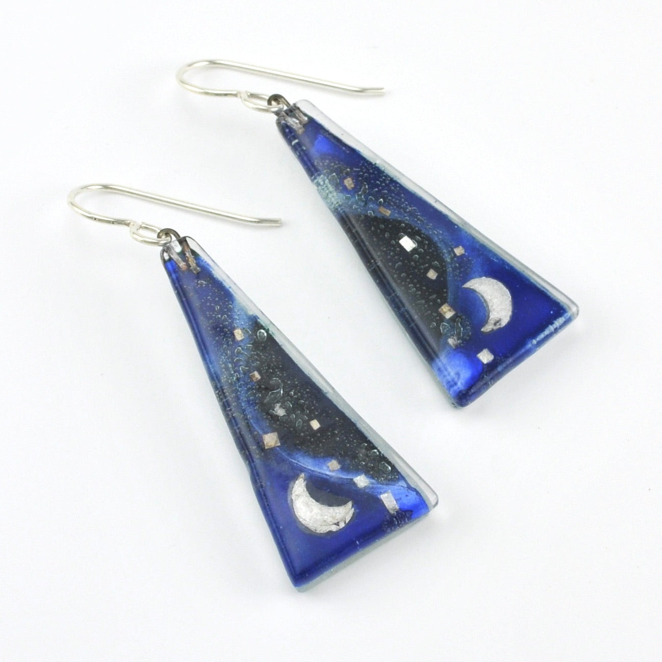 Glass Blue Moon Triangle Earrings