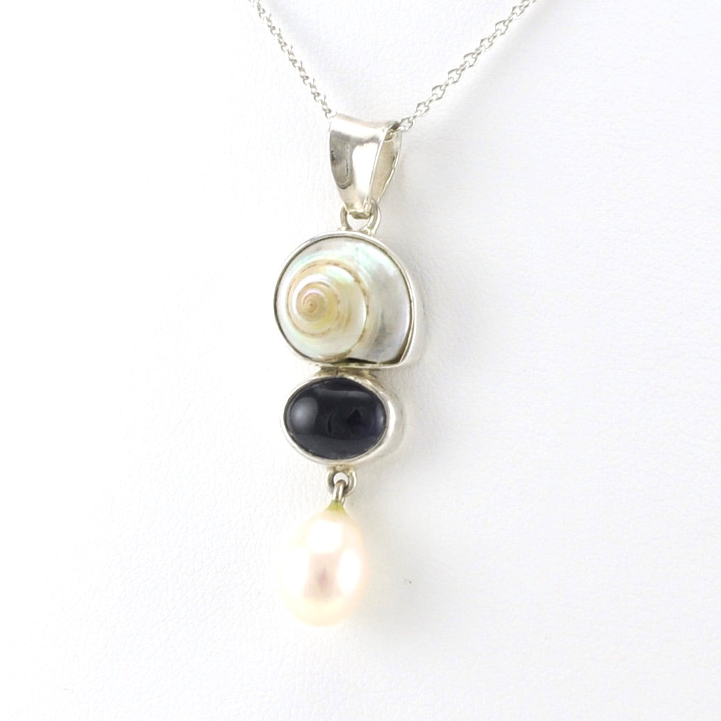 Side View Sterling Silver Malabar Shell Iolite Pearl Necklace