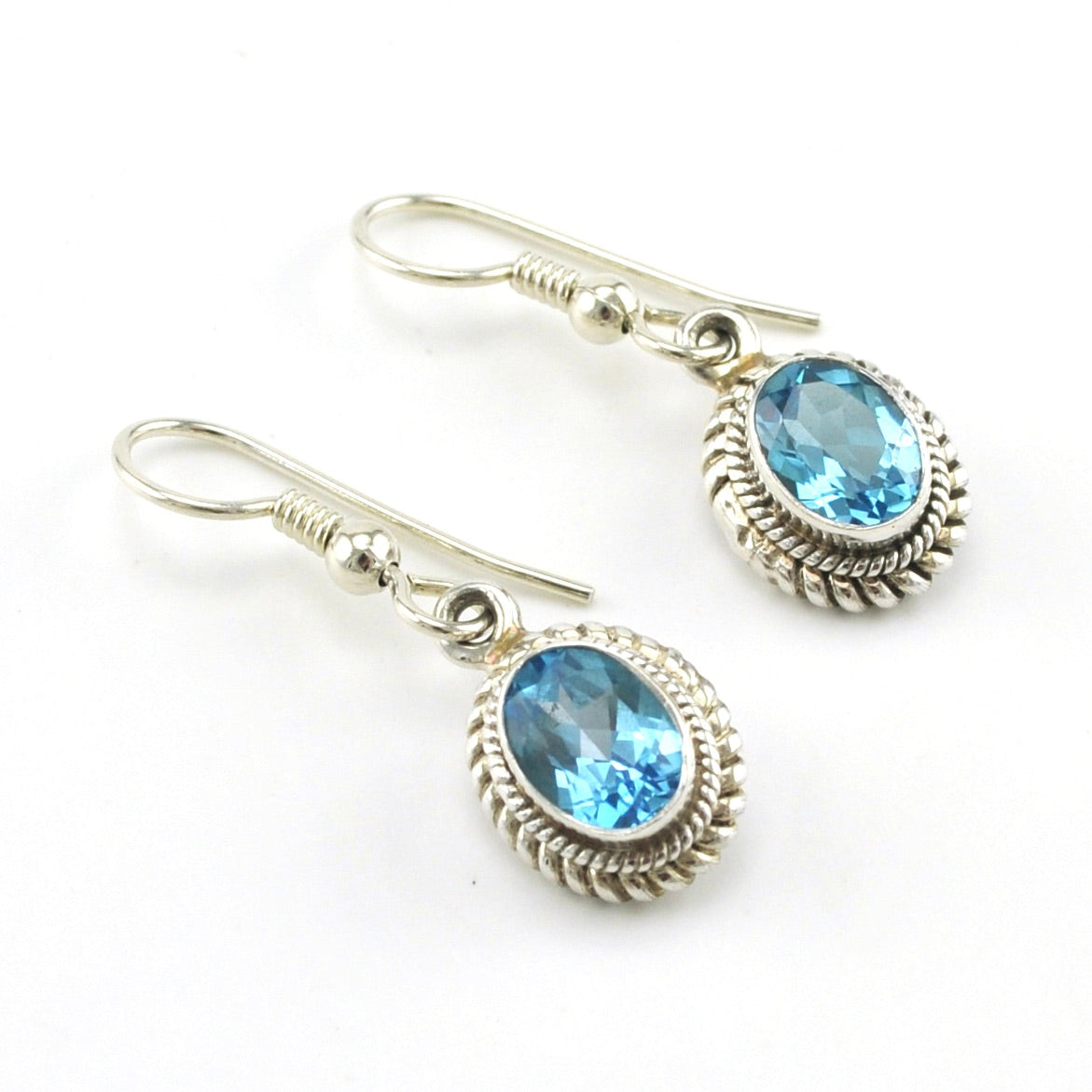 Sterling Silver Blue Topaz 6x8mm Oval Dangle Earrings