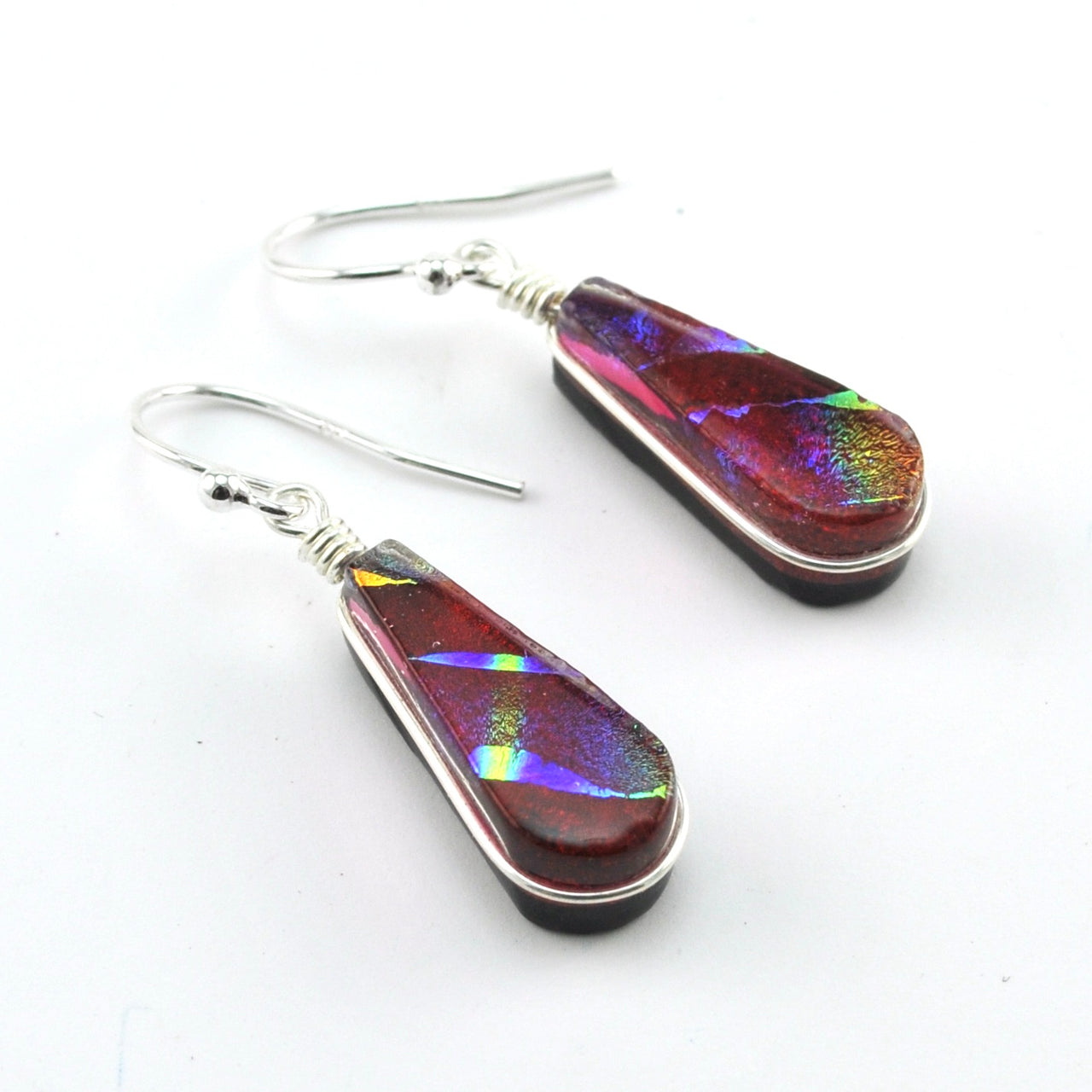 Dichroic Glass Rainbow Red Tear Dangle Earrings