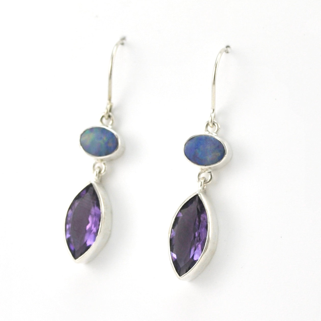 Side View Silver Australian Opal Amethyst Dangle Earrings