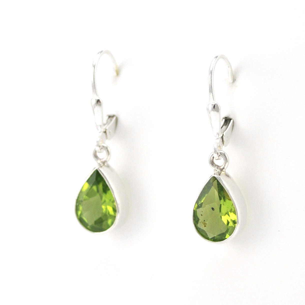 Side View Silver Peridot 7x10mm Tear Dangle Earrings