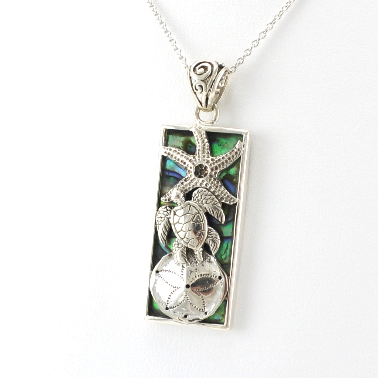 Side View Sterling Silver Abalone Shells and Sea Turtle Necklace
