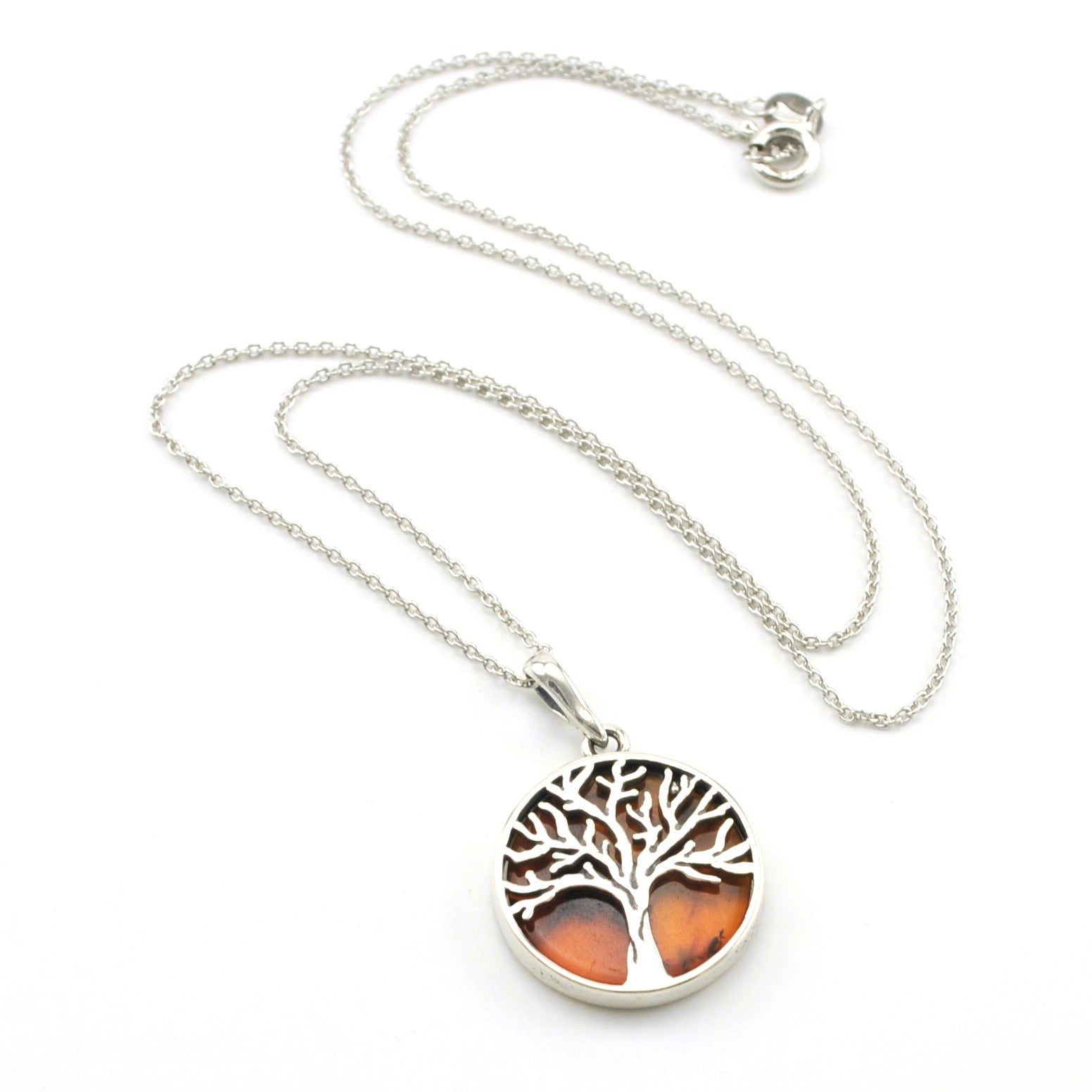 Sterling Silver Amber Round Tree of Life Necklace