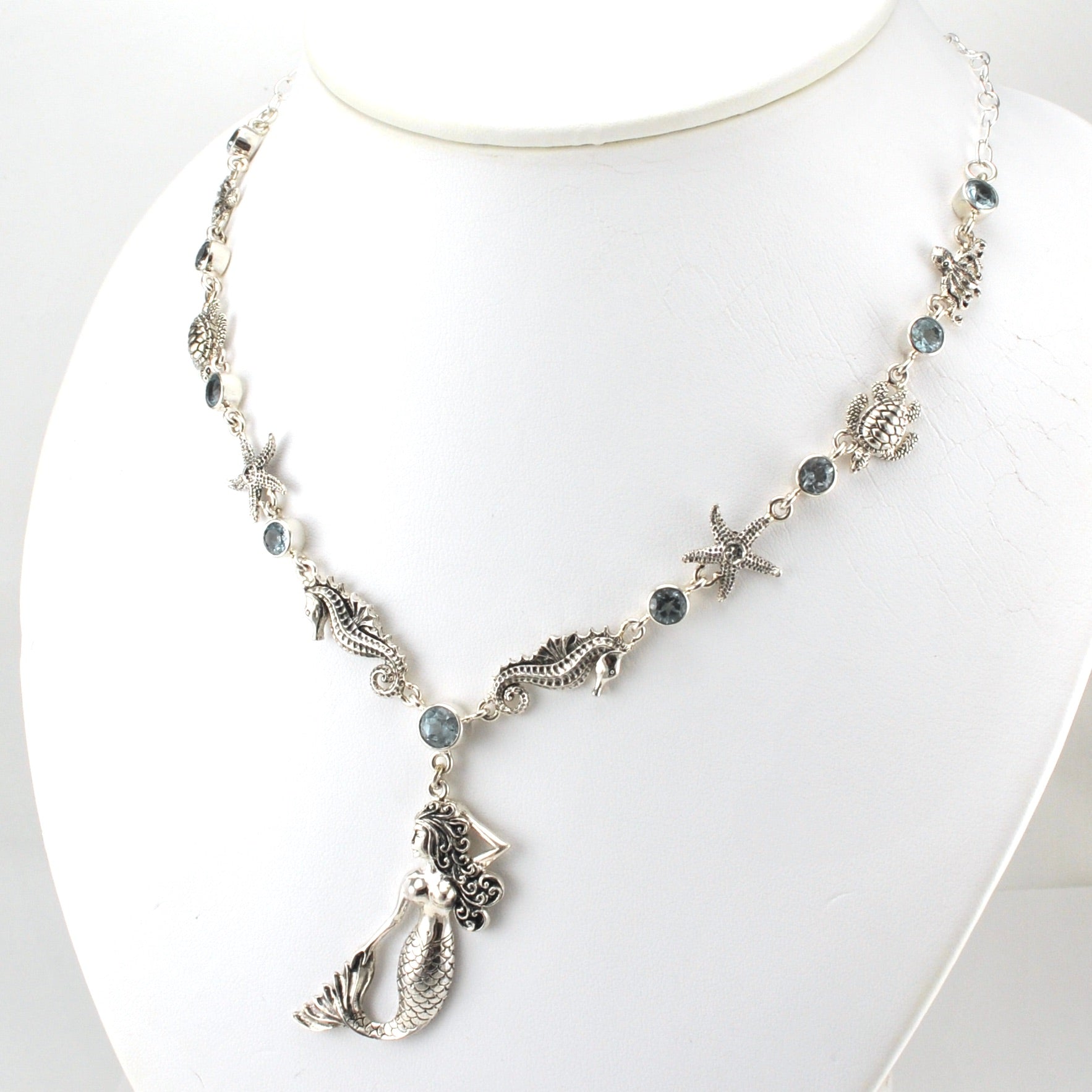 Side View Sterling Silver Mermaid Sea Life Topaz Necklace