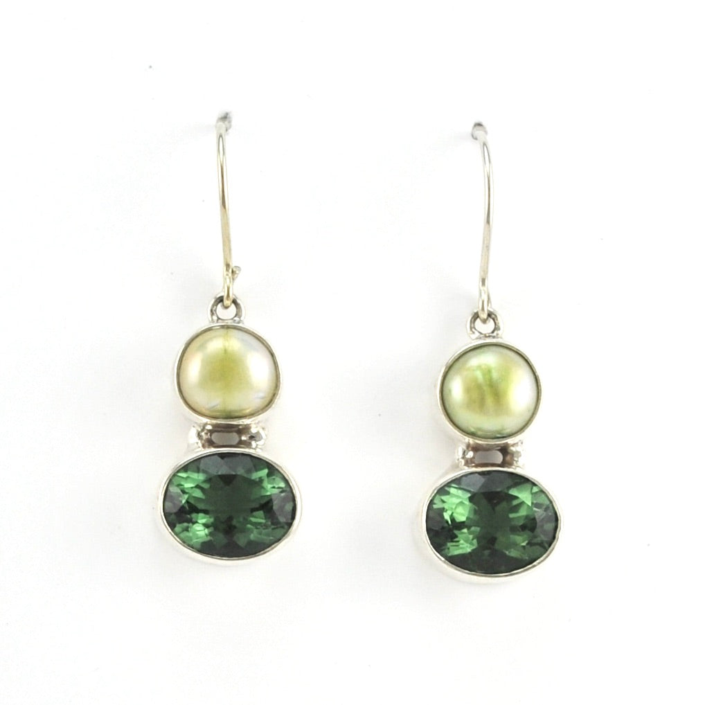 Front View Silver Pearl Green Quartz Earrings