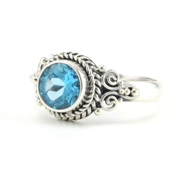 Sterling Silver Blue Topaz 7mm Round Bali Ring 