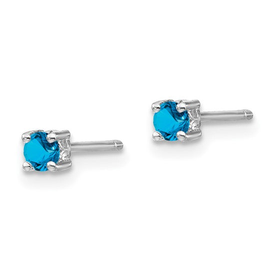 Side View Sterling Silver Blue Topaz 3mm Round Post Earrings