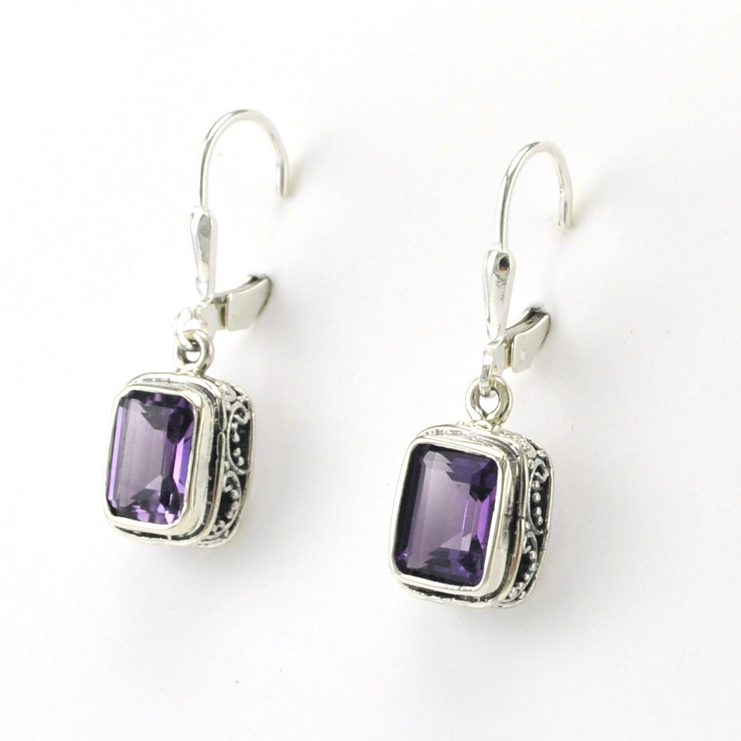 Sterling Silver Amethyst 6x8mm Rectangle Bali Dangle Earrings