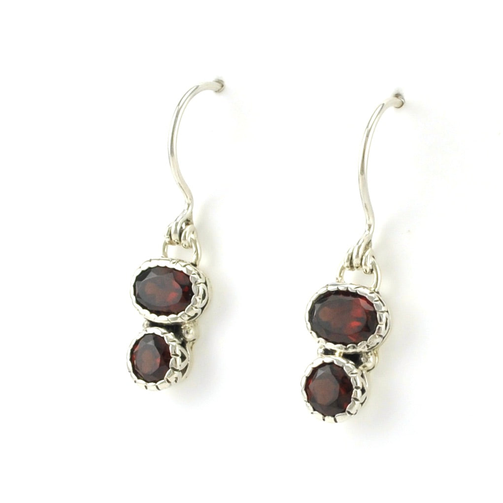 Sterling Silver Garnet 2 Stone Dangle Earrings