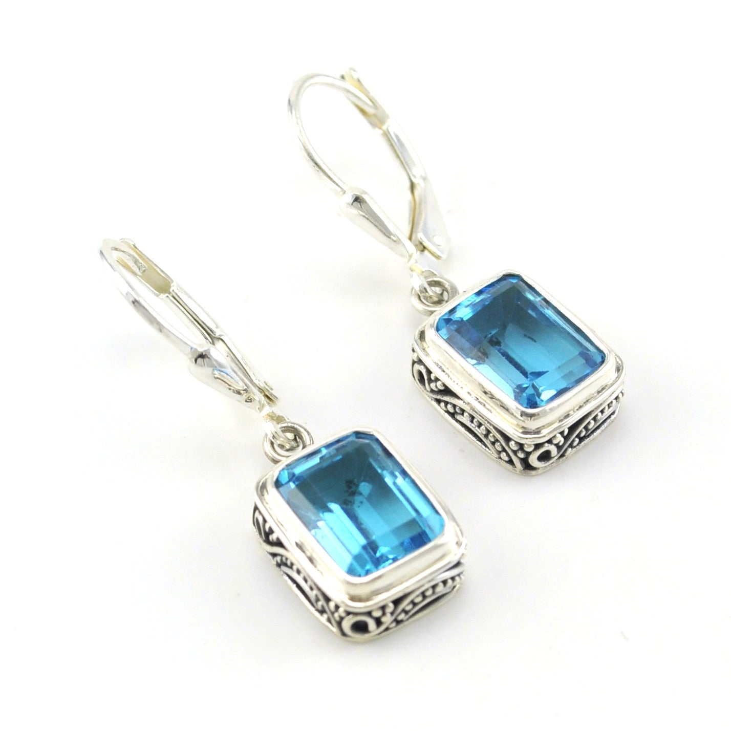 Sterling silver dangle blue topaz gemstone earrings / Silver 925 / Bali Handmade Jewelry / 2.25 inches fashion long / (#64ez)