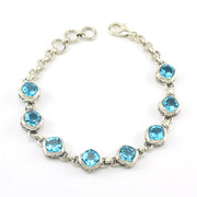 Sterling Silver Blue Topaz Square Bali Link Bracelet