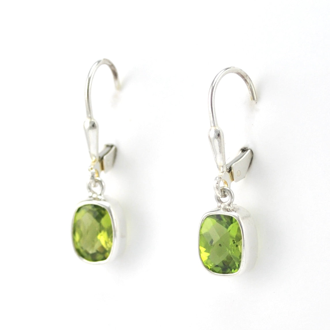 Silver Peridot 6x8mm Rectangle Dangle Earrings